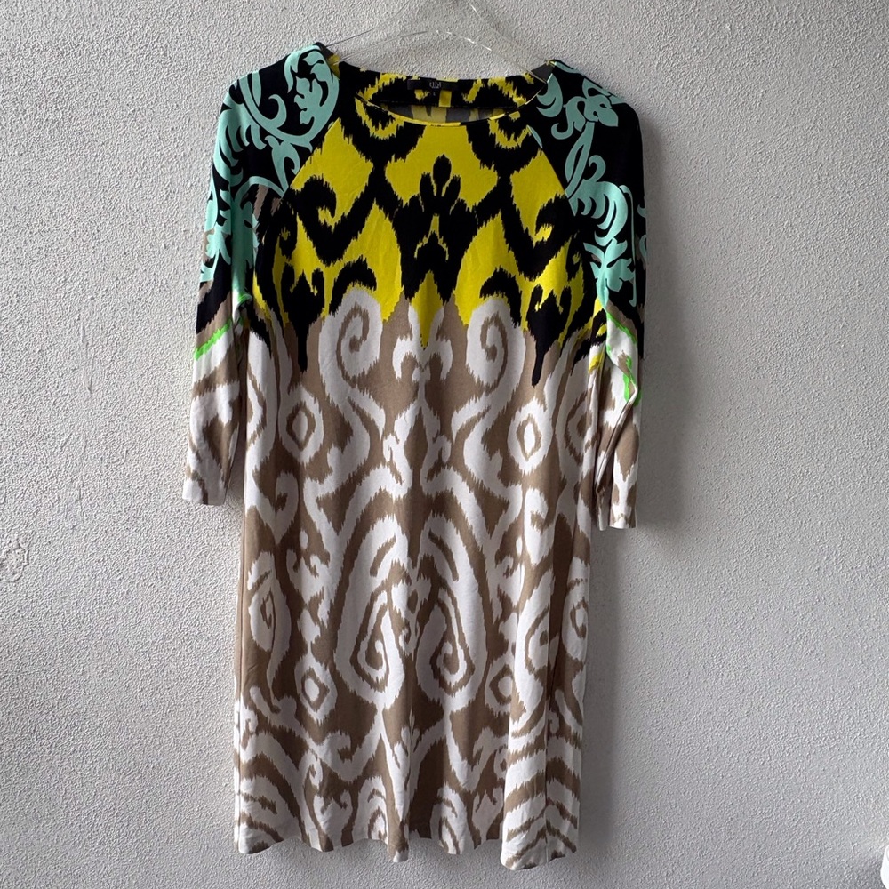 Tibi Size Large 3/4 Sleeve Colorful Shift Dress Knee Length Popover Office Class